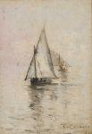 CASTAGNETO, GIOVANNI BATTISTA<br>(1851-1900)<br>Marinha com Barcos<br>Óleo s/ madeira<br>Ass. e datado 97, cid<br>26 x 18 cm