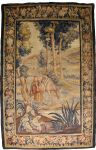 Tapeçaria francesa representando paisagem comfigura de camponesa, cavalo e edificação. Bordaflorida. Med. 215 x 137 cm