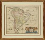 JANSSON, JOHANNES <br>(1588-1664) <br>Litogravura holandesa sobre papel com cores aquareladas representando mapa da América do Sul e intitulada "Americae Pars Meridionalis" (Parte Meridional da América). Circa 1650. <br>48 x 57,5 cm