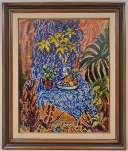 <b>SÉRGIO TELLES</b><br>(1936)<br>Flores Amarelas e Toalha Azul<br>Óleo s/ tela<br>Ass. csd<br>Ass., titulado, situado e datado Rio 1995, no verso<br>92 x 73 cm