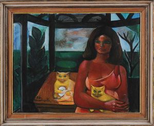 <b>DI CAVALCANTI, EMILIANO</b><br>(1897-1976)<br>Mulher com Gatos<br>Óleo s/ tela<br>Ass. e datado 69, cie<br>73 x 92 cm