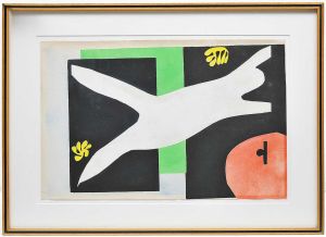 <b>HENRI MATISSE</b><br>(1869-1954)<br>La Nageuse dans laquarium<br>Chapas executadas em estêncil, com colagens e recortes de Henri Matisse, por Edmond Variel  1947.<br>Prancha do livro "JAZZ", produzido por Tériad, edição Verve. Exemplar 91/100.<br>42 x 63 cm