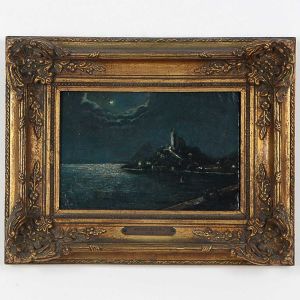 <b>GEORG ZOEBL</b><br>(1843)<br>Artista não identificado<br>Marinha Noturna<br>Óleo s/ tela e técnica mista<br>16 x 24 cm