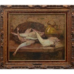 <b>RENÉ LOUIS CHRÉTIEN</b><br>(1867-1945)<br>Escola Francesa<br>Natureza Morta com Peixes<br>Óleo s/ tela<br>Ass. cid<br>61 x 73 cm