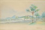 <b>GOLDSCHMIDT, HENRIQUE </b><br>(1867-1952) <br>essaca na Praia do Flamengo<br>Aquarela<br>Ass. cid<br>17 x 25,5 cm