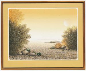 <b>ROBERTO FEITOSA </b><br>(1943)<br>Paraíso Amarelo<br>Óleo s/ chapa industrializada<br>Ass. e datado 77, cie<br>Apresenta no verso, selo da galeria de arte Ipanema<br>65 x 81 cm